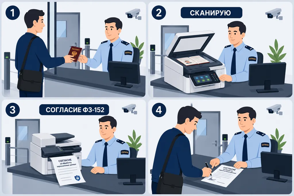 Инфографика: 4 шага оформления пропуска — передача паспорта охраннику, сканирование документа, печать согласия по ФЗ-152 на обработку персональных данных и подписание документа посетителем